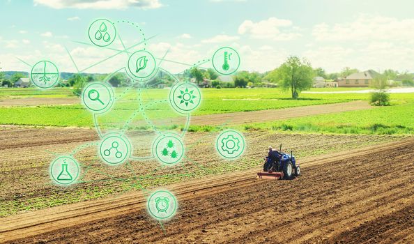 Futuristic innovative technology pictogram and a farmer on a tractor. Science of agronomy. Farming and agriculture startups. Improving efficiency. Technology Improvement in quality and yield growth.