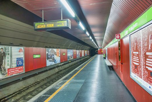 MILAN, ITALY - SEPTEMBER 2015: Interior of city subway with advertisings.