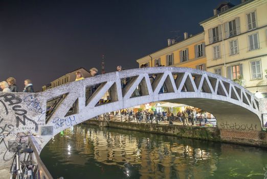 MILANO, ITALY - SEPTEMBER 2015: Tourists and locals enjoy night life along Navigli.