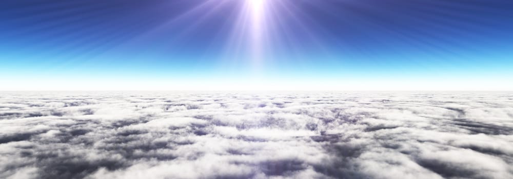 Above clouds sun ray, 3d rendering illustration