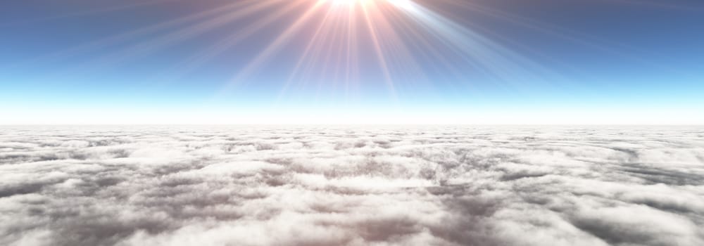 Above clouds sun ray, 3d rendering illustration