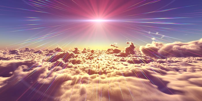 fly above clouds sunset landscape, 3d render illustration