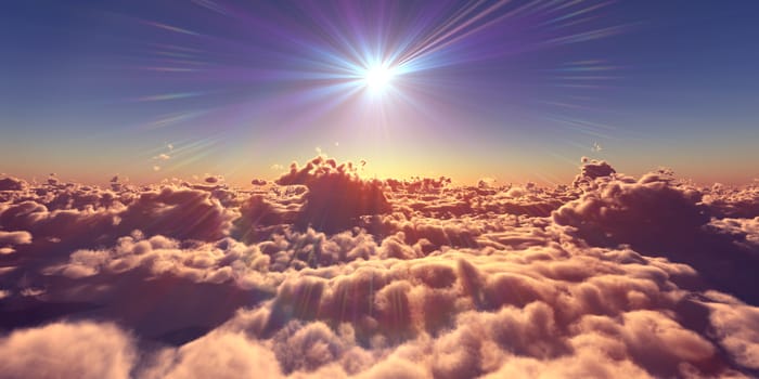 fly above clouds sunset landscape, 3d render illustration