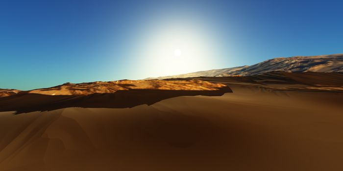 Dunes sunset over the desert. 3d rendering illustration