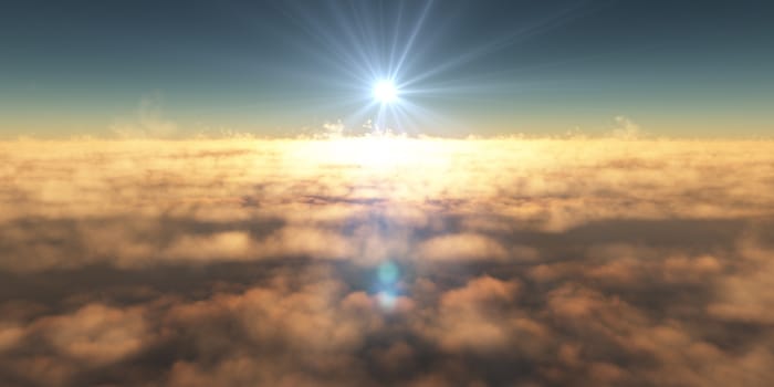 fly above clouds sunset landscape, 3d render illustration