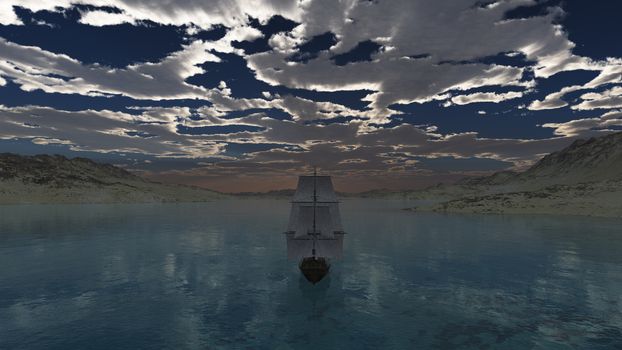 old ship at sea sunset, 3d render illustration