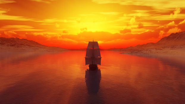 old ship at sea sunset, 3d render illustration