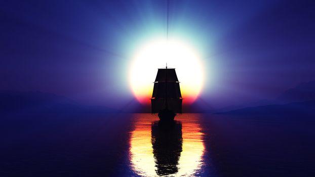 old ship at sea sunset, 3d render illustration