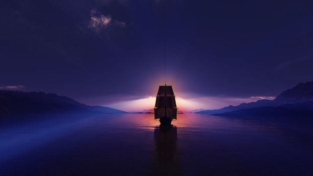 old ship at sea sunset, 3d render illustration