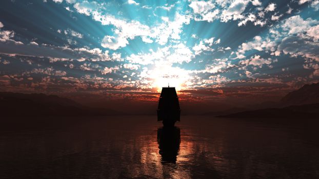 old ship at sea sunset, 3d render illustration