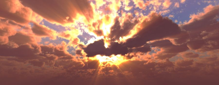 Sunset / sunrise with clouds, light rays and other atmospheric effect, 3d illustration