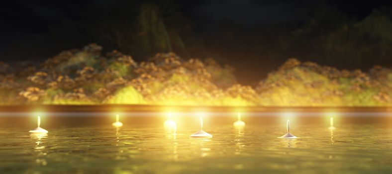 Abstract night background with candles in the water, 3d rendering illustration