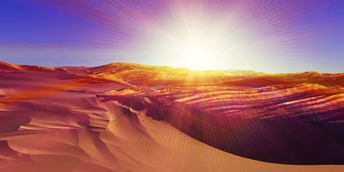 Dunes sunset over the desert. 3d rendering illustration