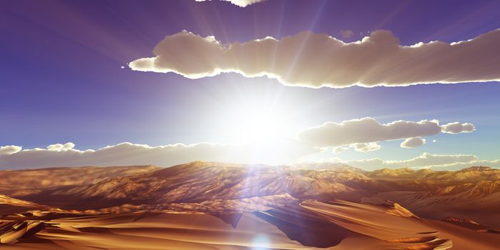 Dunes sunset over the desert. 3d rendering illustration