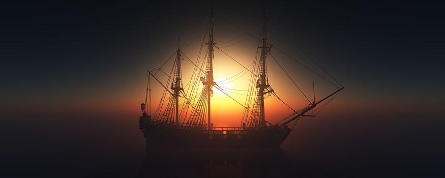 old ship sunset at sea 3d rendering illustration