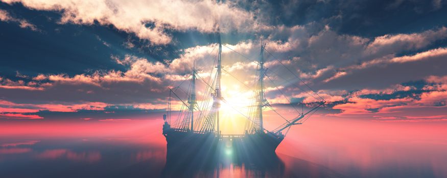 old ship sunset at sea 3d rendering illustration