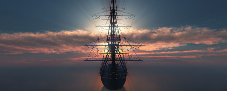 old ship sunset at sea 3d rendering illustration