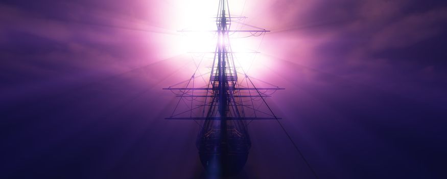 old ship sunset at sea 3d rendering illustration