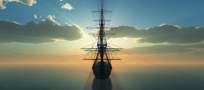 old ship sunset at sea 3d rendering illustration