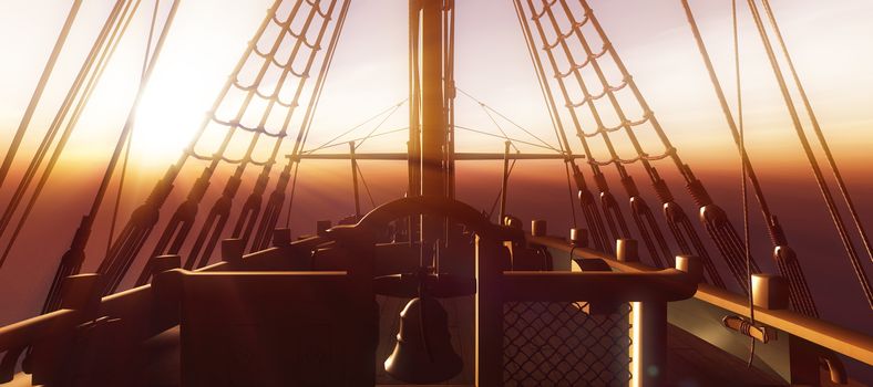 old ship sunset at sea 3d rendering illustration