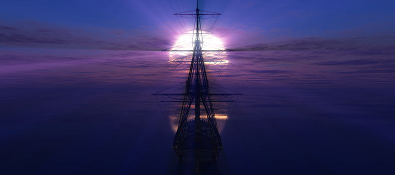 old ship sunset at sea 3d rendering illustration