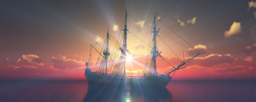 old ship sunset at sea 3d rendering illustration