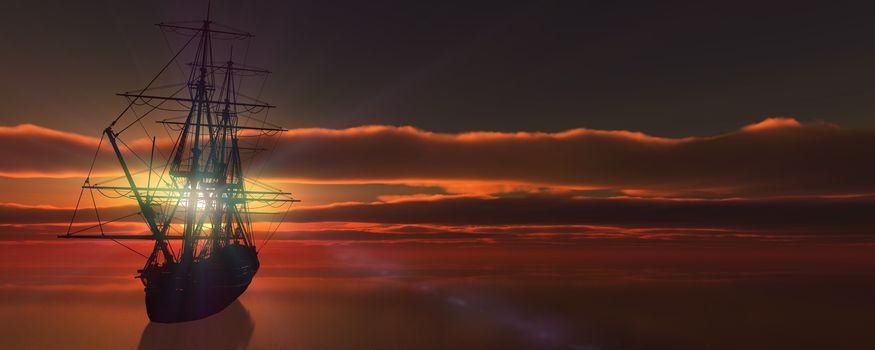 old ship sunset at sea 3d rendering illustration