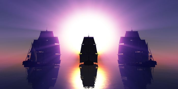 old three ships sunset at sea, 3d rendering illustration