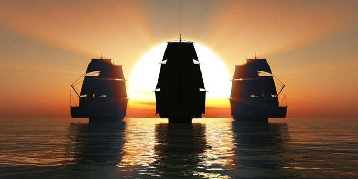 old three ships sunset at sea, 3d rendering illustration