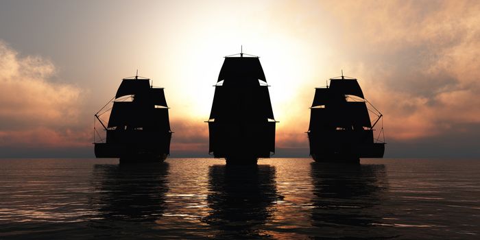 old three ships sunset at sea, 3d rendering illustration