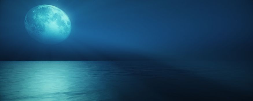 full moon in the sky background reflection in the sea ocean water. 3D render illustration