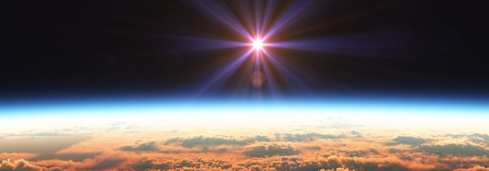 Earth sunrise from space over cloudy ocean. 3d rendering illustration