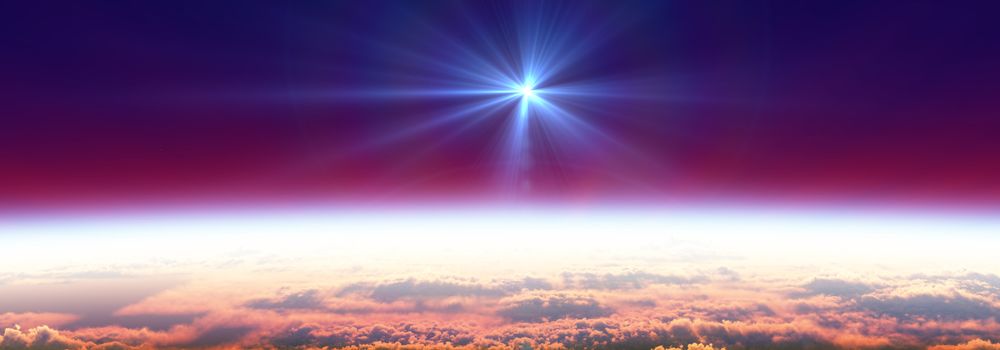 Earth sunrise from space over cloudy ocean. 3d rendering illustration