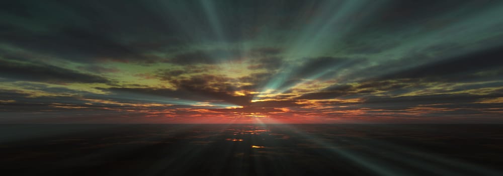 sunset calmly sea sun ray 3d rendering illustration