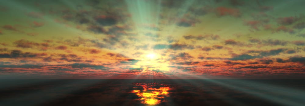 sunset calmly sea sun ray 3d rendering illustration