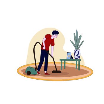 The man is vacuuming the carpet. illustration in hand-drawn cartoon style