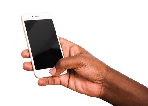 Closeup hand black man holding mockup white modern digital mobile smart phone blank screen on hand, studio shot isolated on white background