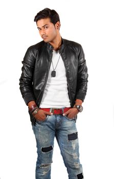 A smart handsome Indian model in leather jacket, on white studio background.