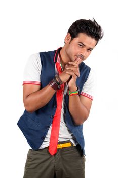A stylish Indian young male model, on white studio background.