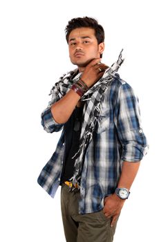A young Indian model wearing his muffler in style, on white studio background.