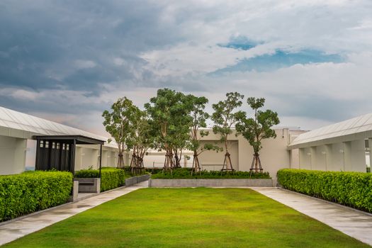 Bangkok, Thailand - Jul 25, 2020 : Sky garden on rooftop in warm summer day with the background of blue sky. Resting area.