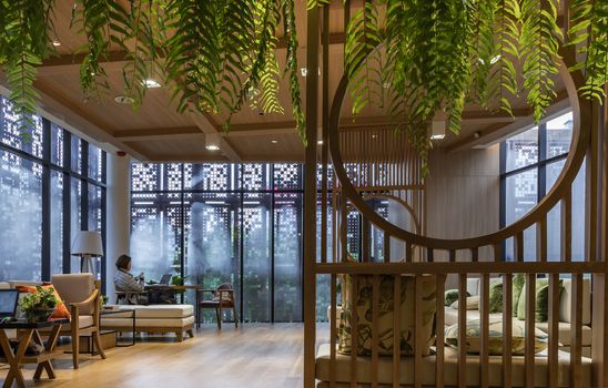 Bangkok, Thailand, Jul 25, 2020 : The living rooms with wooden furnitures for green living concept. Selective focus.