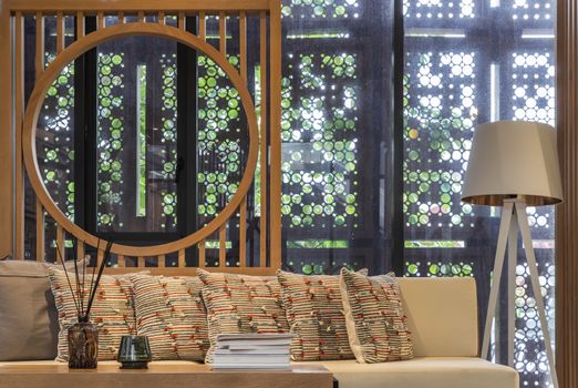 Bangkok, Thailand, Jul 25, 2020 : Cozy space for living room. Relaxing space in condominuim common area. Selective focus.