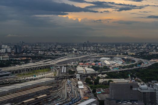 Bangkok, Thailand - Jul, 25, 2020 : Aerial view of Bang Sue central station, the new railway hub transportation building at evening. No focus, specifically.