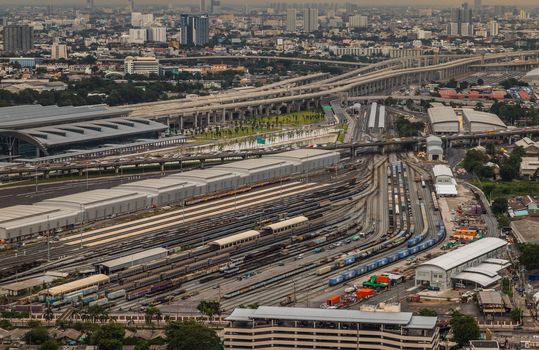 Bangkok, Thailand - Jul, 25, 2020 : Aerial view of Bang Sue central station, the new railway hub transportation building at evening. No focus, specifically.