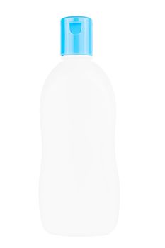 small plastic bottle of liquid soap with blue cap isolated on white background.