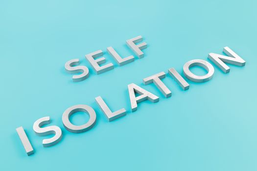 the words self isolation laid with silver metal letters on pastel blue background with diagonal slanted perspective with selective focus