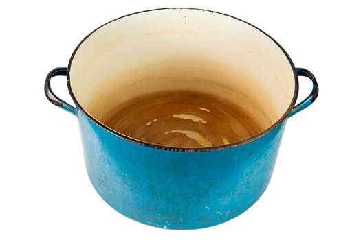 An old large dirty enameled blue pot without cover isolated on white background. Used for heating water for washing in urban ghetto or in poor village. Fifty liters capacity.