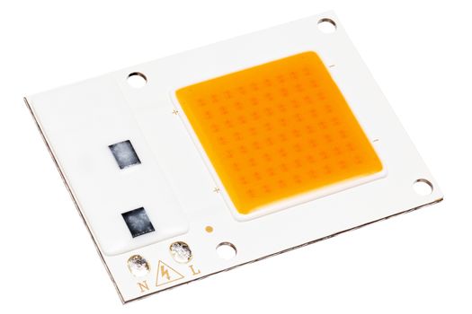 230V LED COB chip on board unit isolated in white background - diagonal isometric perspective.