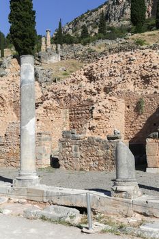 The ruins in Delphi, an archaeological site in Greece at the Mount Parnassus. Delphi is famous by the oracle at the sanctuary dedicated to Apollo. UNESCO World heritage